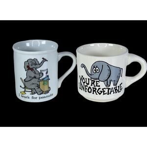 Vintage Lot of 2 Elephant Theme Coffee / Tea Mug Cup Comic Office Humor Ceramic